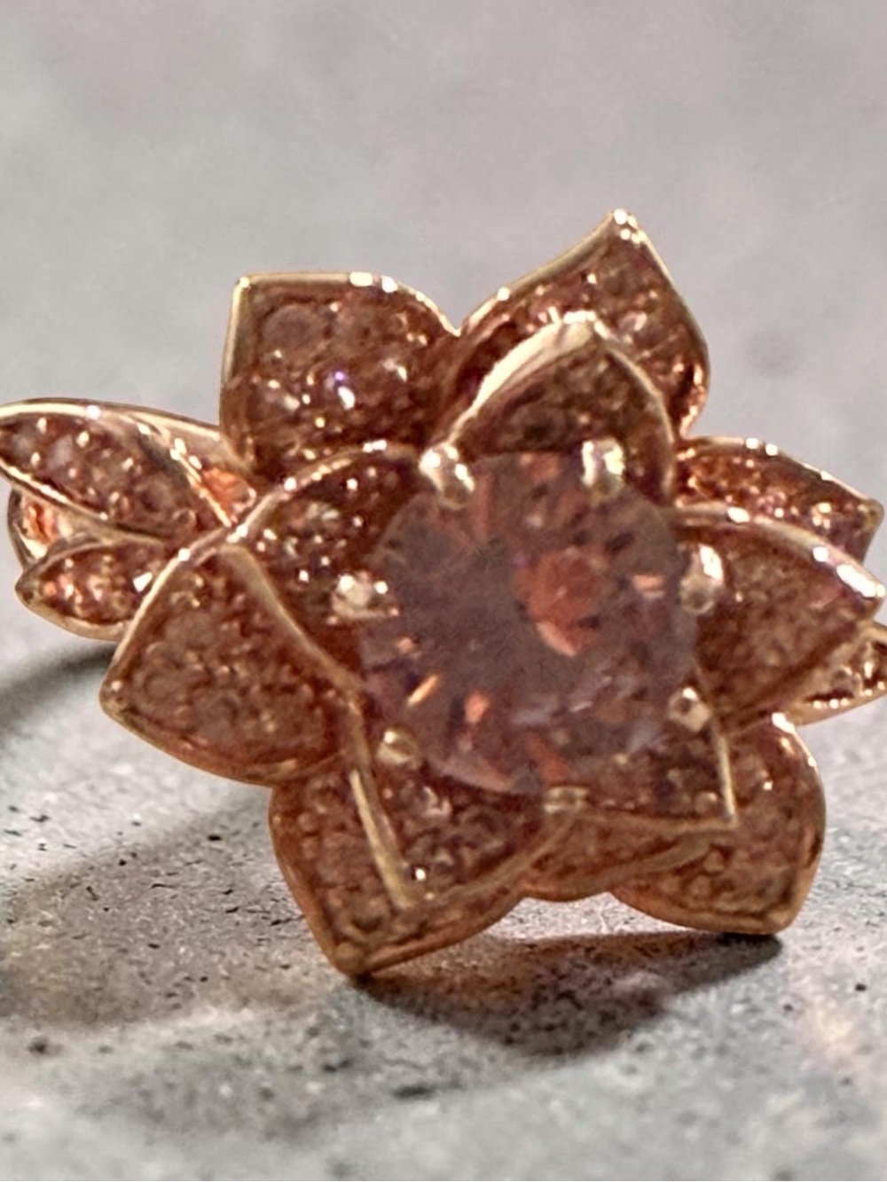Rose Gold Flower Halo Ring with Pink Center Stone